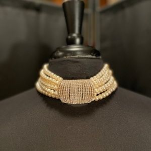 6 Strand Pearl Necklace with Gold Rhinestone Pendant